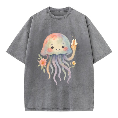 jellyfish with kawaii face and tentacles, one tentacle pointing up defiantly - Vintage T-shirt - Grey