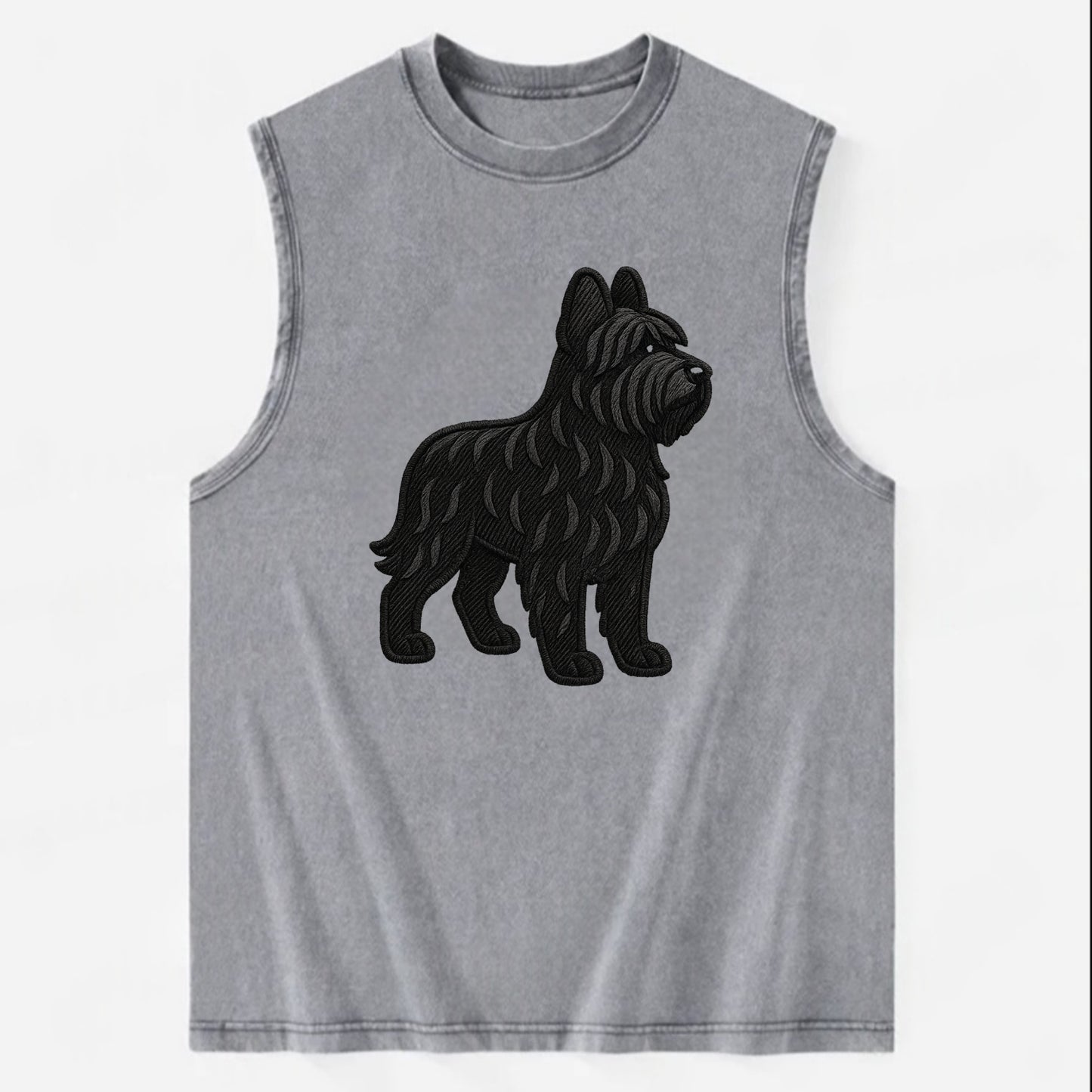 Briard - Black wavy coat embroidered herding pose - Vintage Washed Tank - Grey