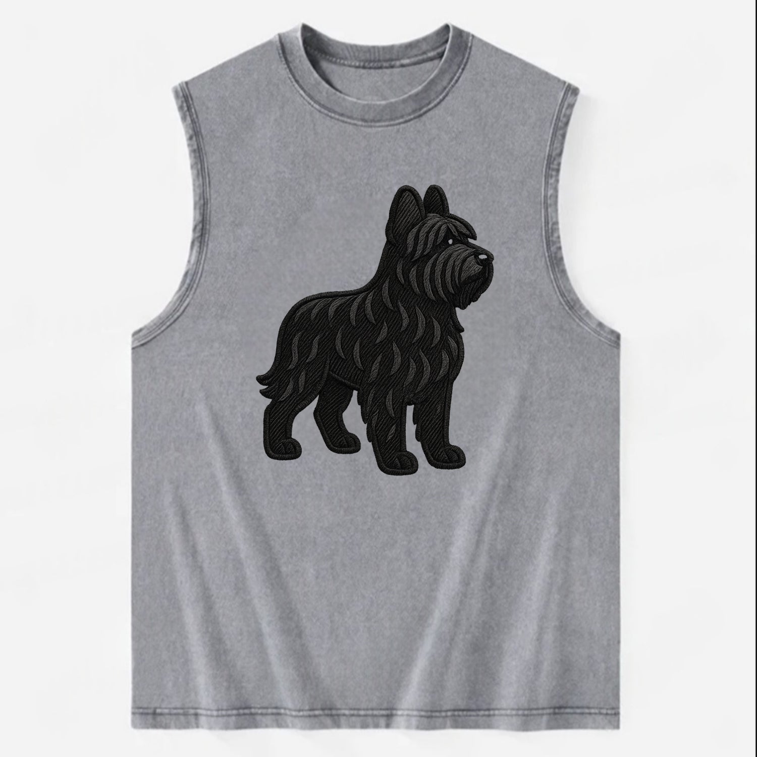 Briard - Black wavy coat embroidered herding pose - Vintage Washed Tank - Grey