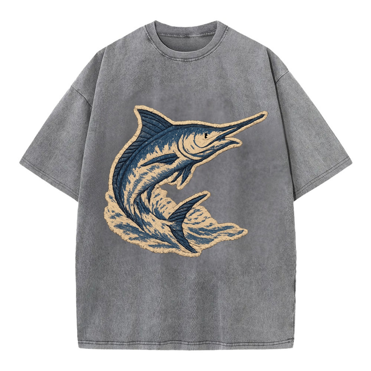 SWORDFISH MARLIN - leaping marlin in blue and silver , sport fishing - Vintage T-shirt - Grey