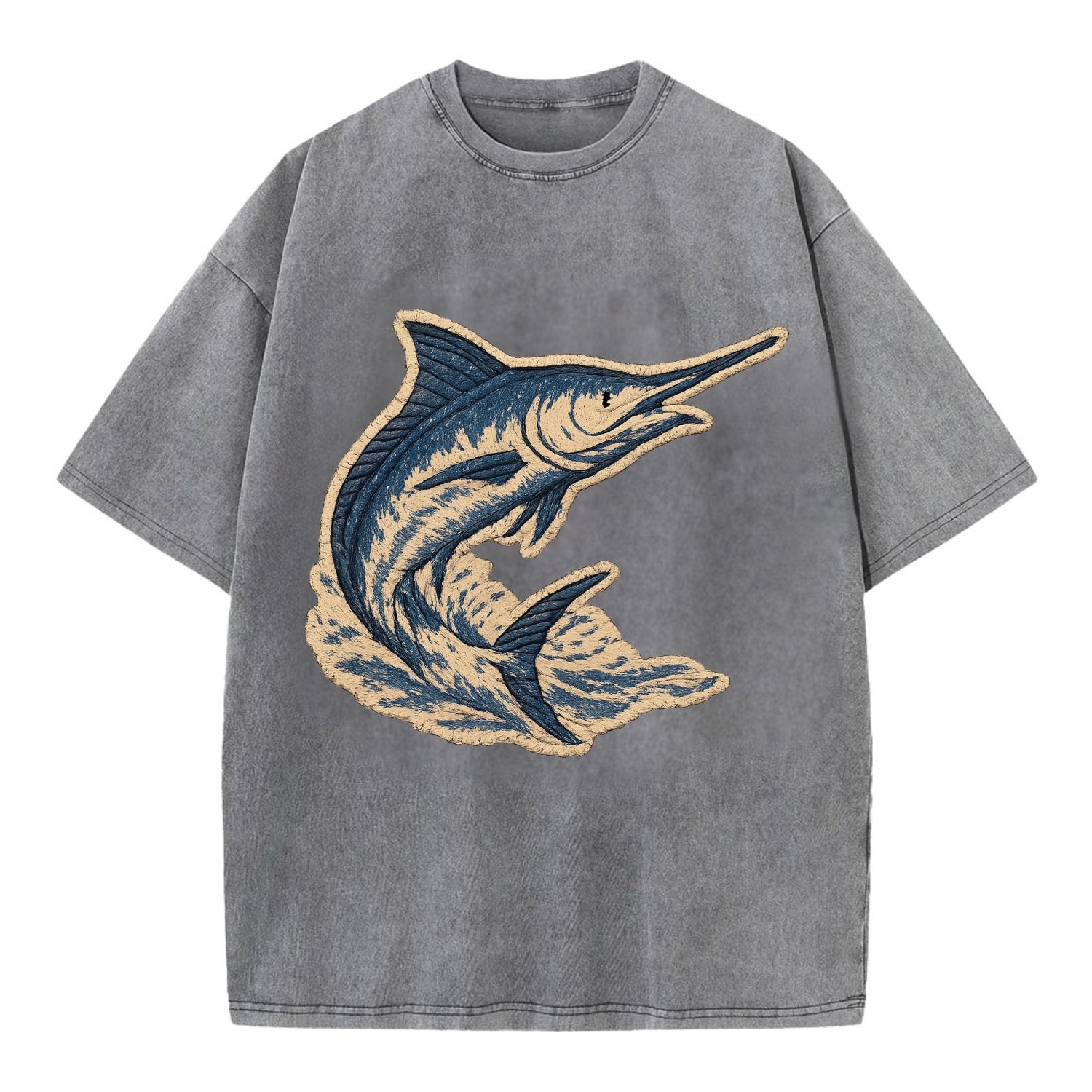 SWORDFISH MARLIN - leaping marlin in blue and silver , sport fishing - Vintage T-shirt - Grey