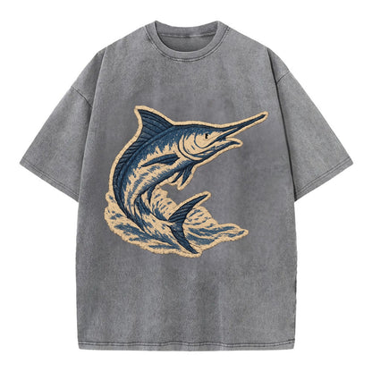 SWORDFISH MARLIN - leaping marlin in blue and silver , sport fishing - Vintage T-shirt - Grey