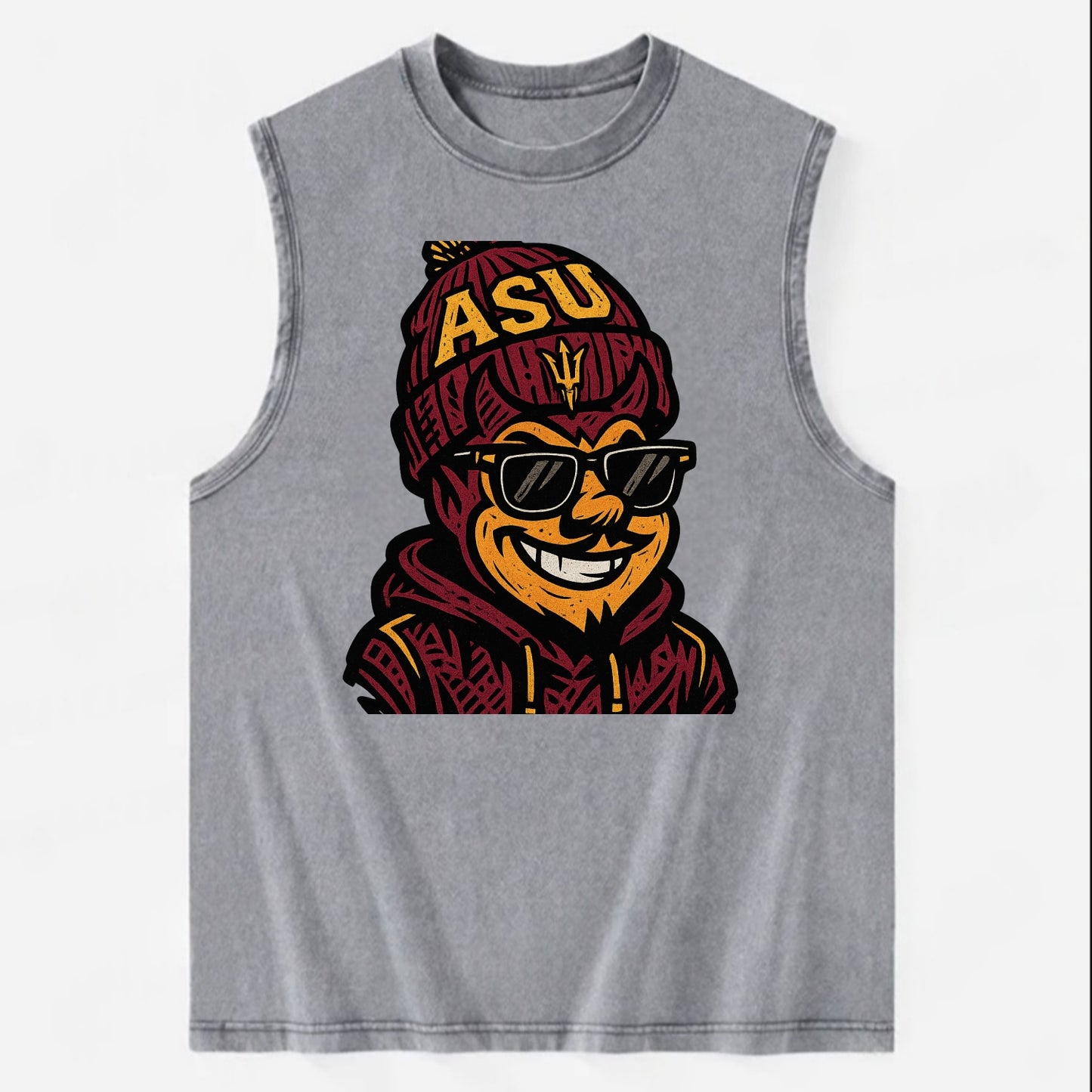 Tempe Sparky wearing Arizona State beanie with fork patch - Vintage Washed Tank - Grey