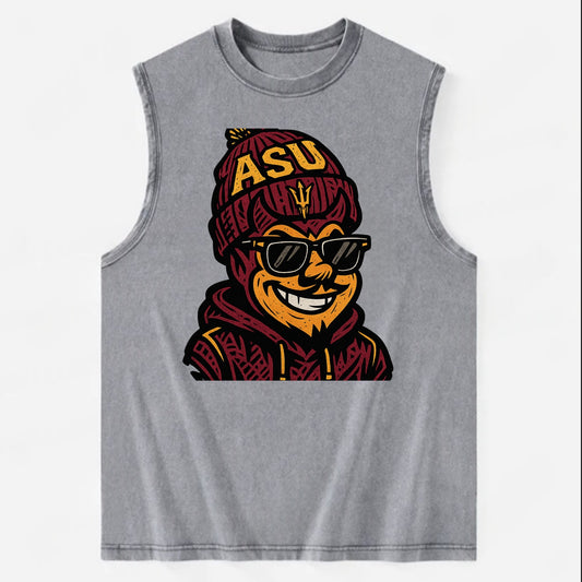 Tempe Sparky wearing Arizona State beanie with fork patch - Vintage Washed Tank - Grey