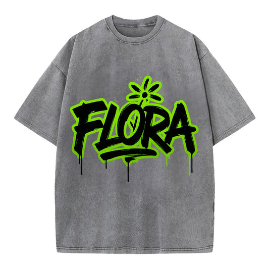 Bold typography design - "FLORA" - plant life, blooming - Vintage T-shirt - Grey