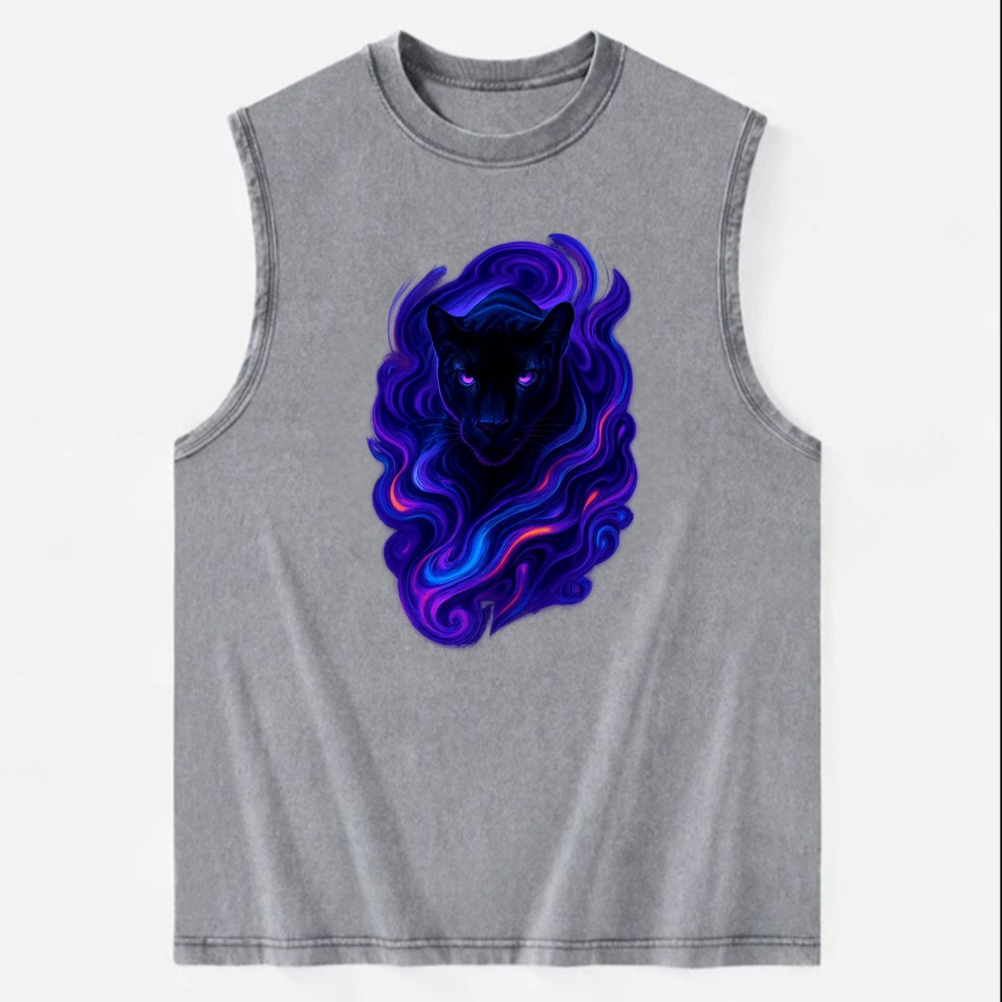 Sleek black panther emerging from swirls of deep purple and electric blue, - Vintage Washed Tank - Grey