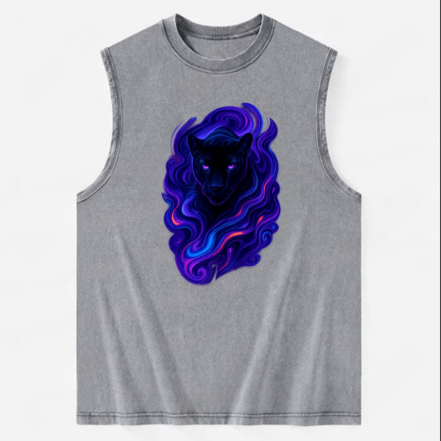 Sleek black panther emerging from swirls of deep purple and electric blue, - Vintage Washed Tank - Grey