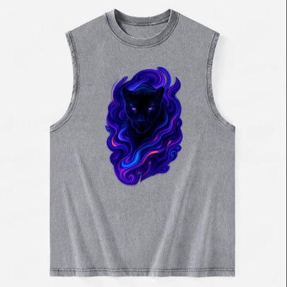 Sleek black panther emerging from swirls of deep purple and electric blue, - Vintage Washed Tank - Grey