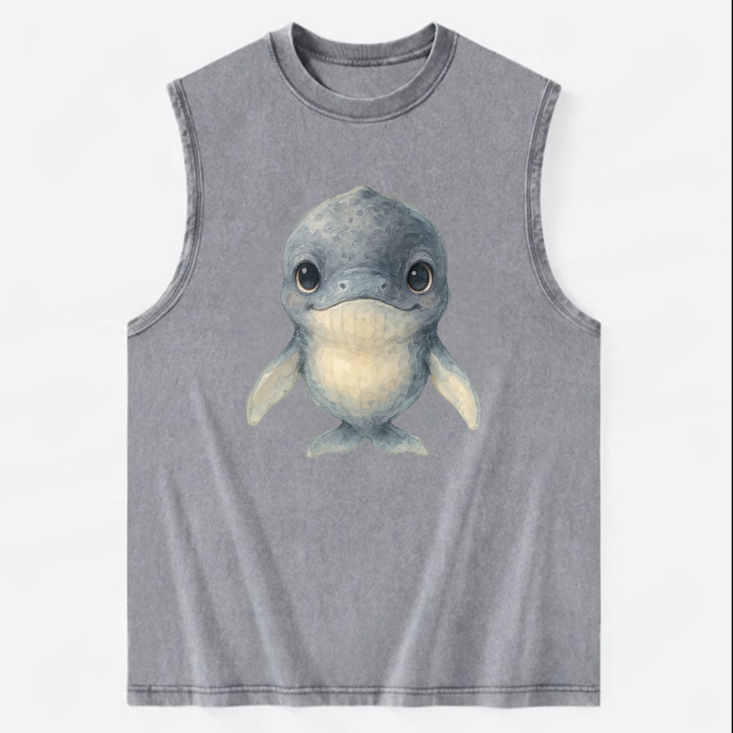 Baby Humpback Whale - dark gray with white flippers, large gentle eyes, - Vintage Washed Tank - Grey