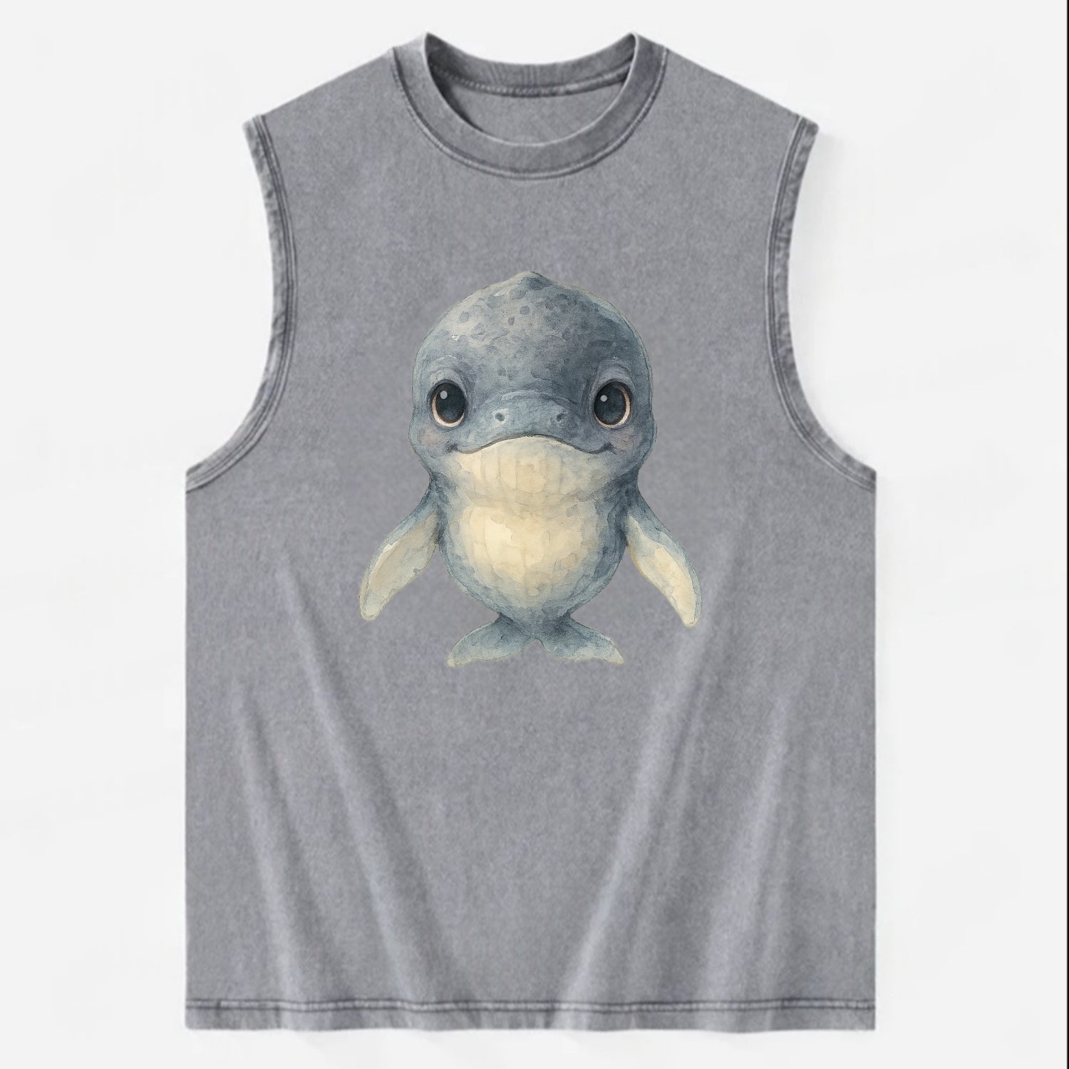 Baby Humpback Whale - dark gray with white flippers, large gentle eyes, - Vintage Washed Tank - Grey