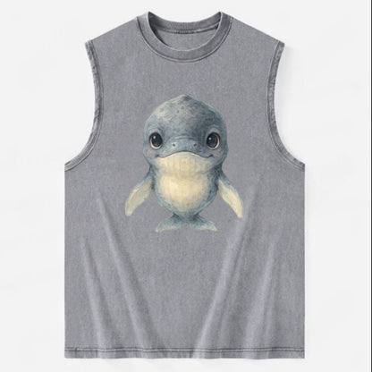 Baby Humpback Whale - dark gray with white flippers, large gentle eyes, - Vintage Washed Tank - Grey