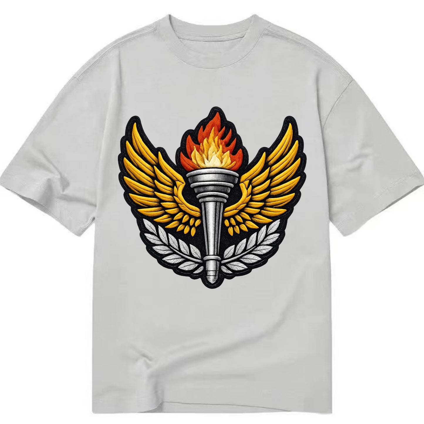 Embroidered patch design - TRACK AND FIELD TORCH - Olympic style torch with wings - Classic T-shirt - Grey