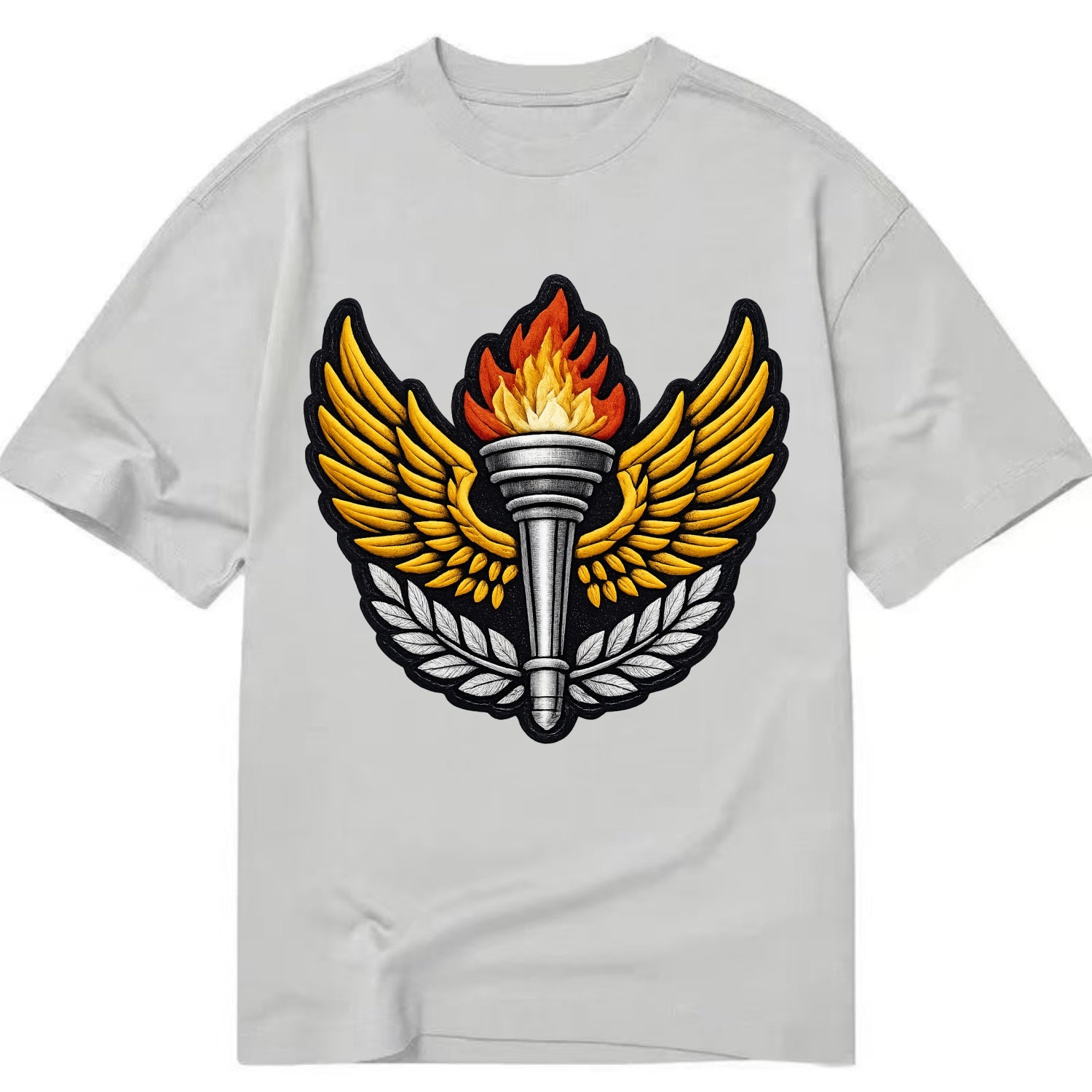 Embroidered patch design - TRACK AND FIELD TORCH - Olympic style torch with wings - Classic T-shirt - Grey