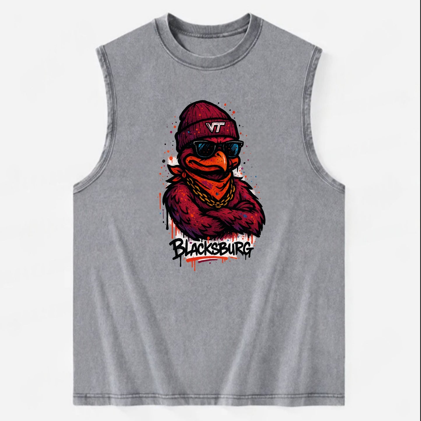 Blacksburg HokieBird wearing Virginia Tech beanie with VT patch - Vintage Washed Tank - Grey