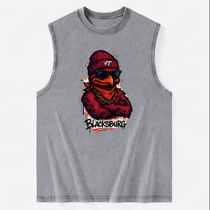 Blacksburg HokieBird wearing Virginia Tech beanie with VT patch - Vintage Washed Tank - Grey