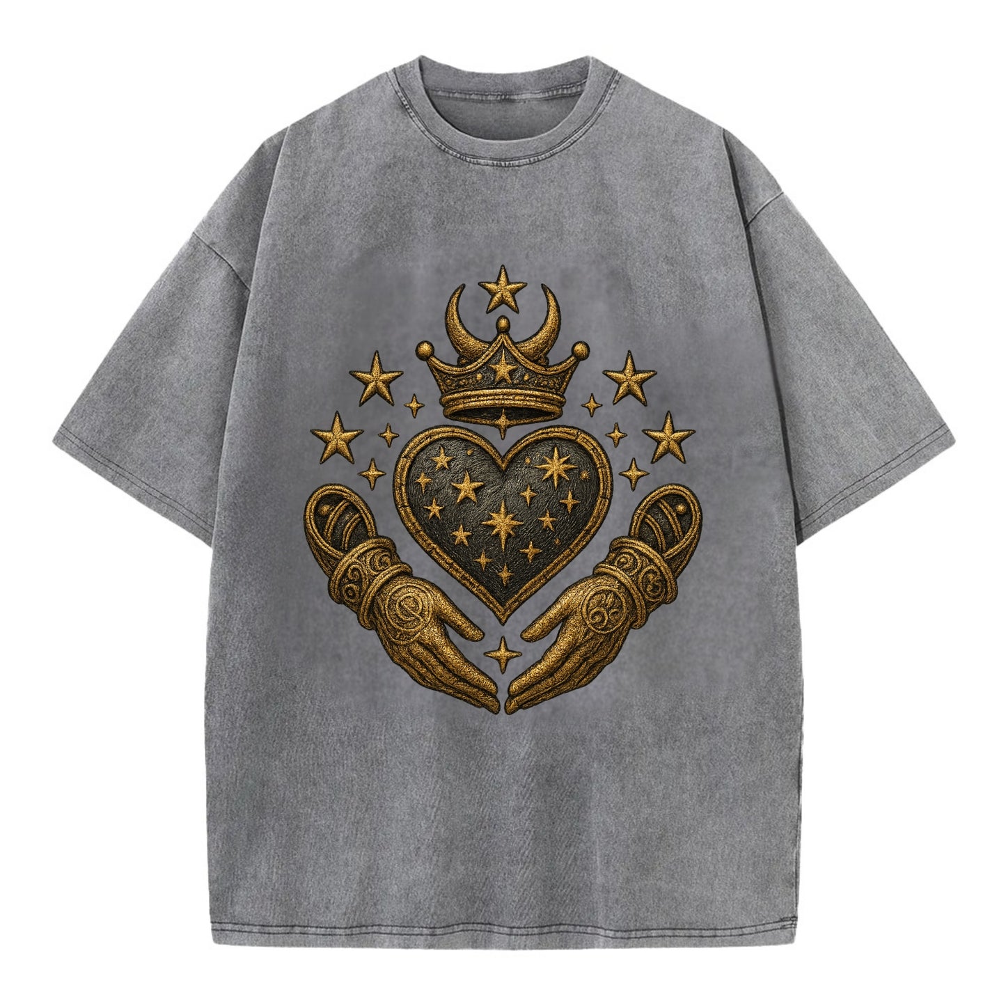 Weathered antique brass crown above a hammered gunmetal heart framed by ivy-woven - Vintage T-shirt - Grey