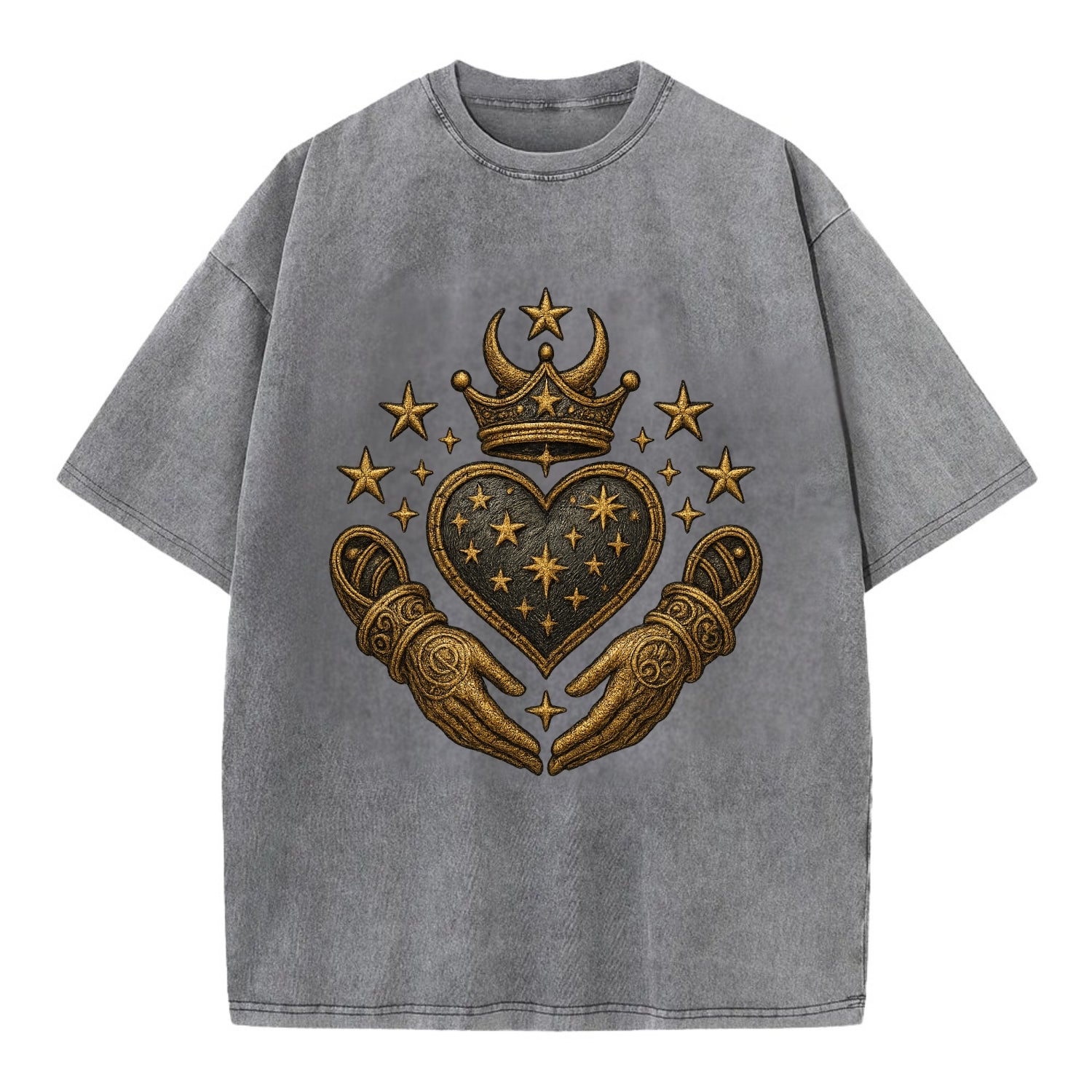Weathered antique brass crown above a hammered gunmetal heart framed by ivy-woven - Vintage T-shirt - Grey
