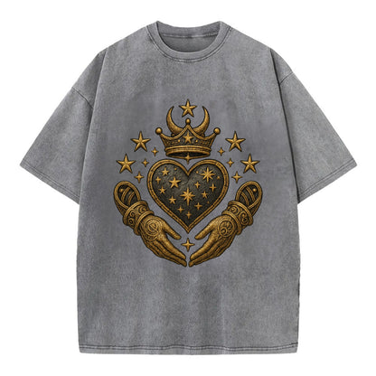 Weathered antique brass crown above a hammered gunmetal heart framed by ivy-woven - Vintage T-shirt - Grey