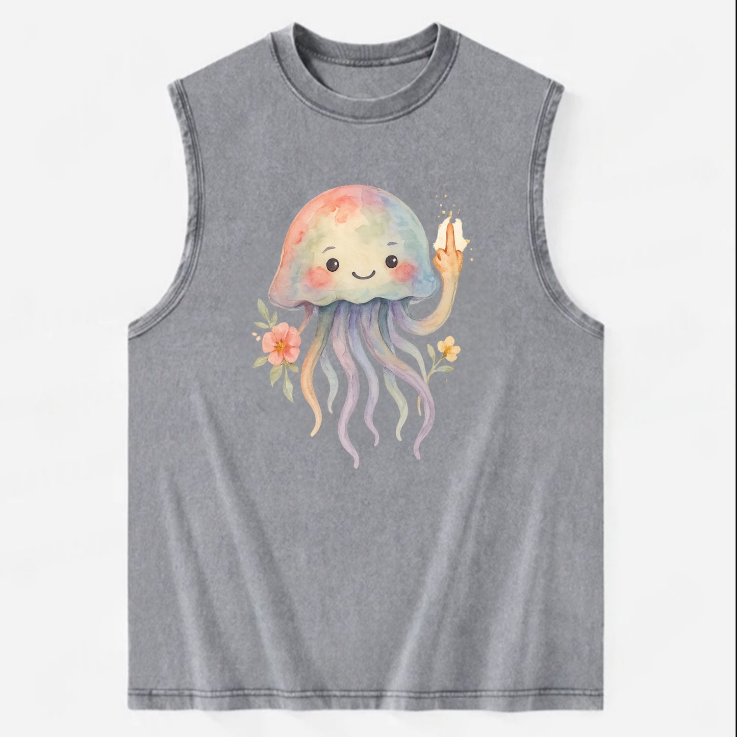 jellyfish with kawaii face and tentacles, one tentacle pointing up defiantly - Vintage Washed Tank - Grey