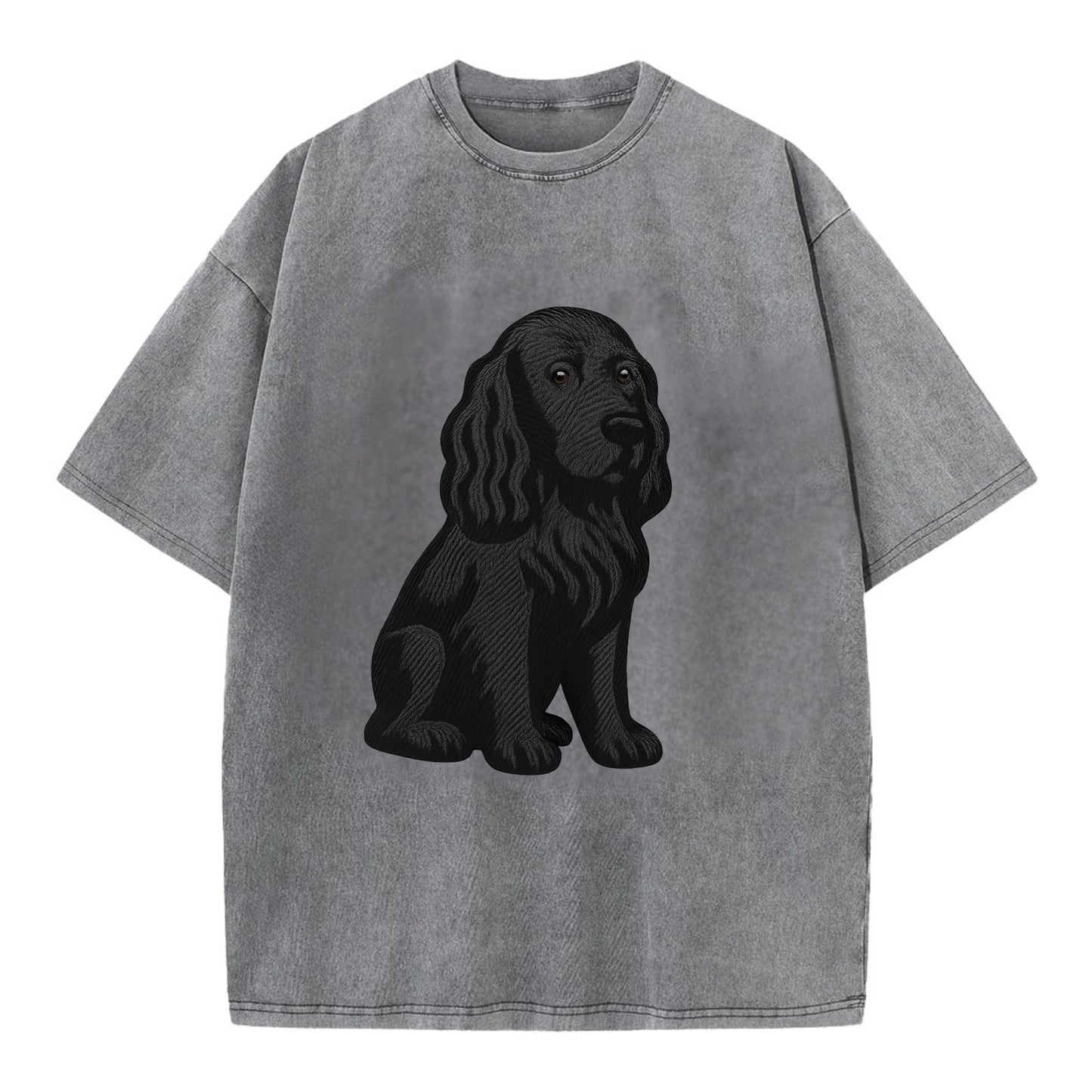 Field Spaniel - Black silky coat embroidered pose - Vintage T-shirt - Grey