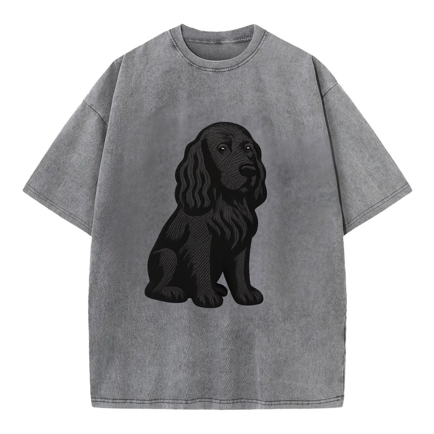 Field Spaniel - Black silky coat embroidered pose - Vintage T-shirt - Grey