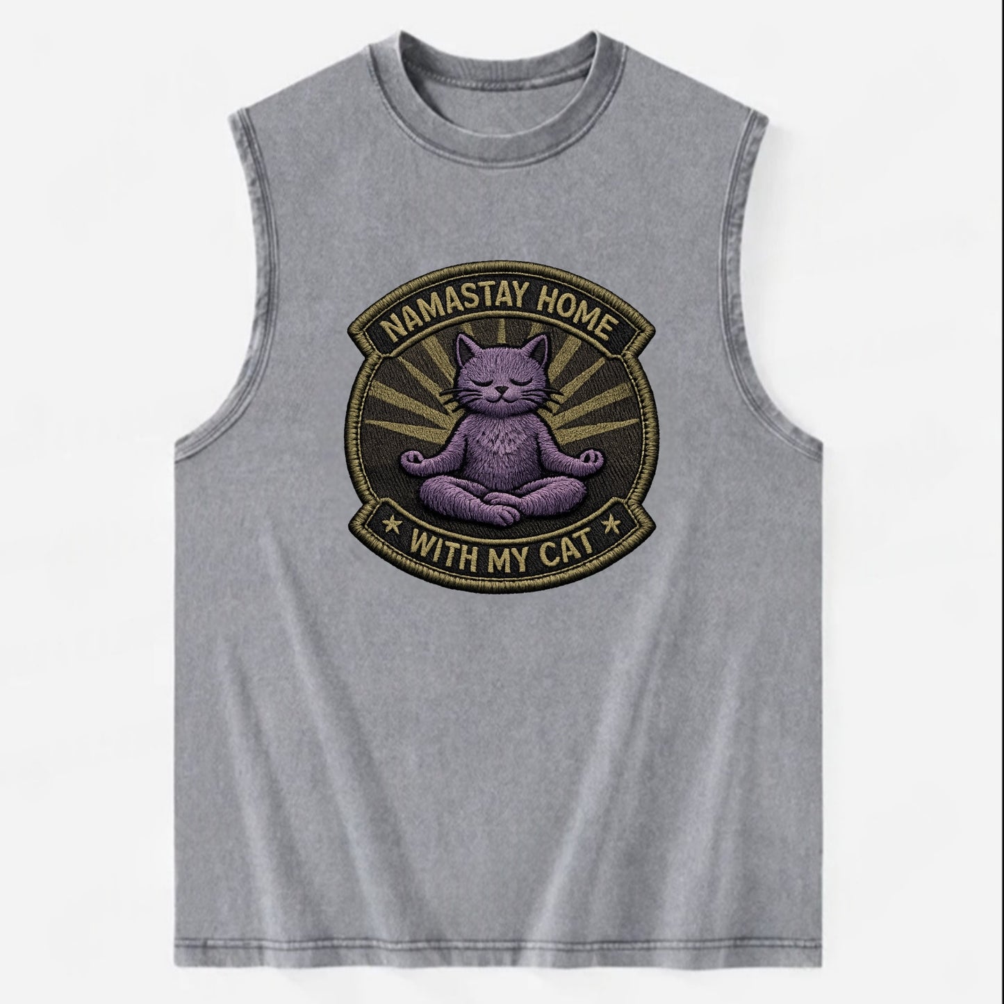 NAMASTAY HOME WITH MY CAT - yoga cat in purple , introvert cat - Vintage Washed Tank - Grey