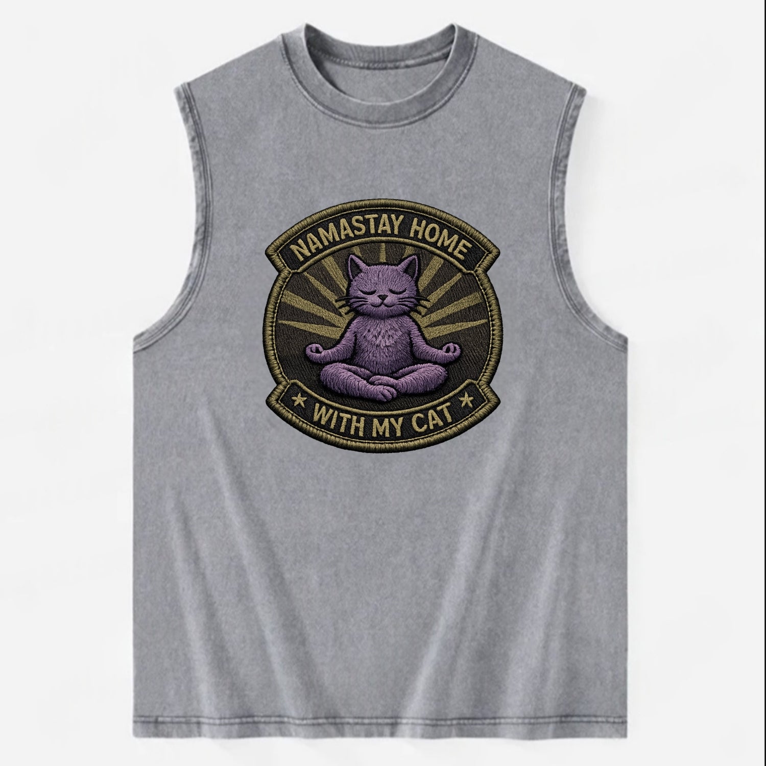 NAMASTAY HOME WITH MY CAT - yoga cat in purple , introvert cat - Vintage Washed Tank - Grey