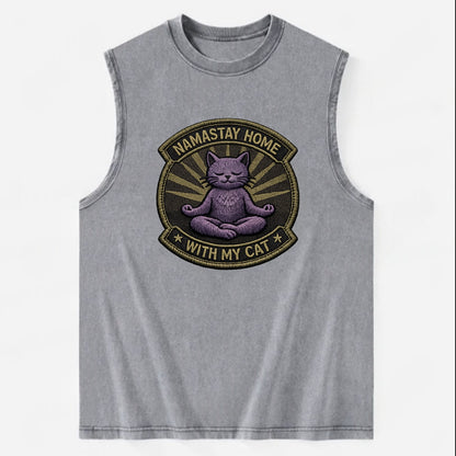 NAMASTAY HOME WITH MY CAT - yoga cat in purple , introvert cat - Vintage Washed Tank - Grey