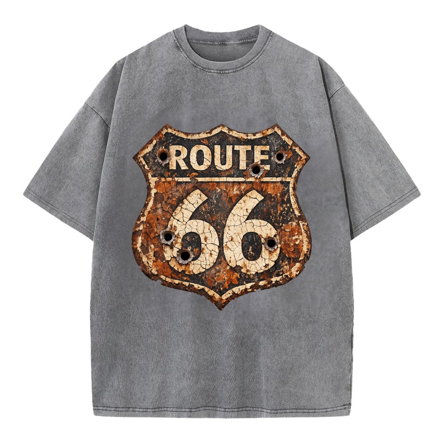 WEATHERED MARKER | Rust-aged Route 66 sign | Desert sun-bleached | Bullet holes - Vintage T-shirt - Grey