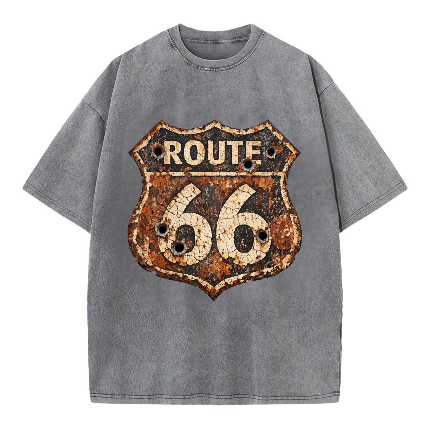 WEATHERED MARKER | Rust-aged Route 66 sign | Desert sun-bleached | Bullet holes - Vintage T-shirt - Grey