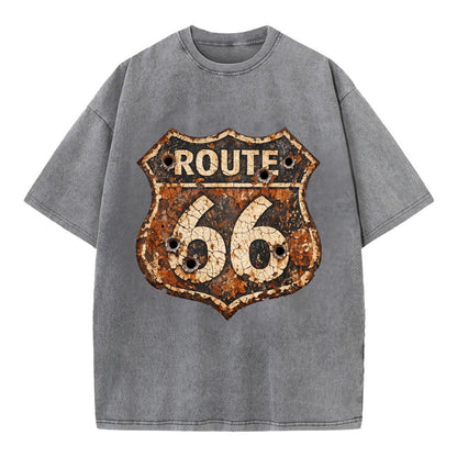WEATHERED MARKER | Rust-aged Route 66 sign | Desert sun-bleached | Bullet holes - Vintage T-shirt - Grey