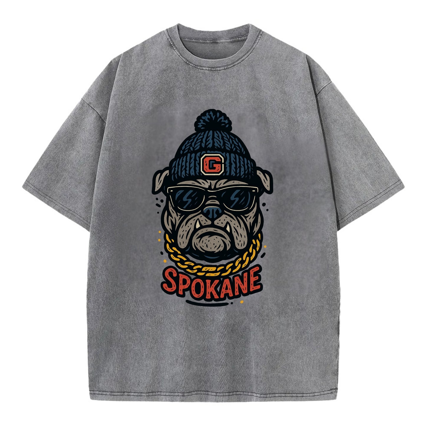 Spokane Bulldog wearing Gonzaga beanie with G patch - Vintage T-shirt - Grey