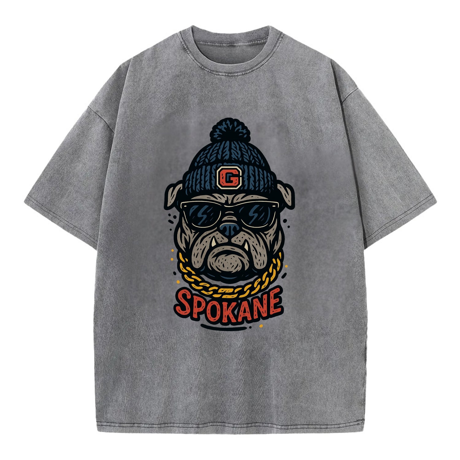 Spokane Bulldog wearing Gonzaga beanie with G patch - Vintage T-shirt - Grey
