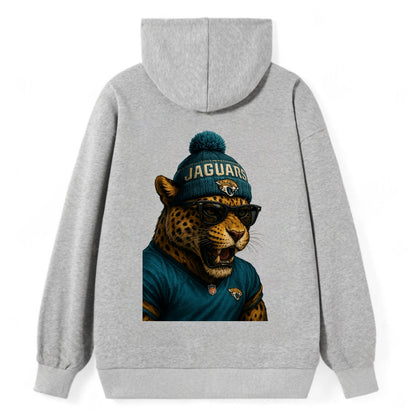 Jacksonville Jaguar wearing Jaguars teal and gold beanie with pom pom and - Classic Pullover Hoodie - Grey