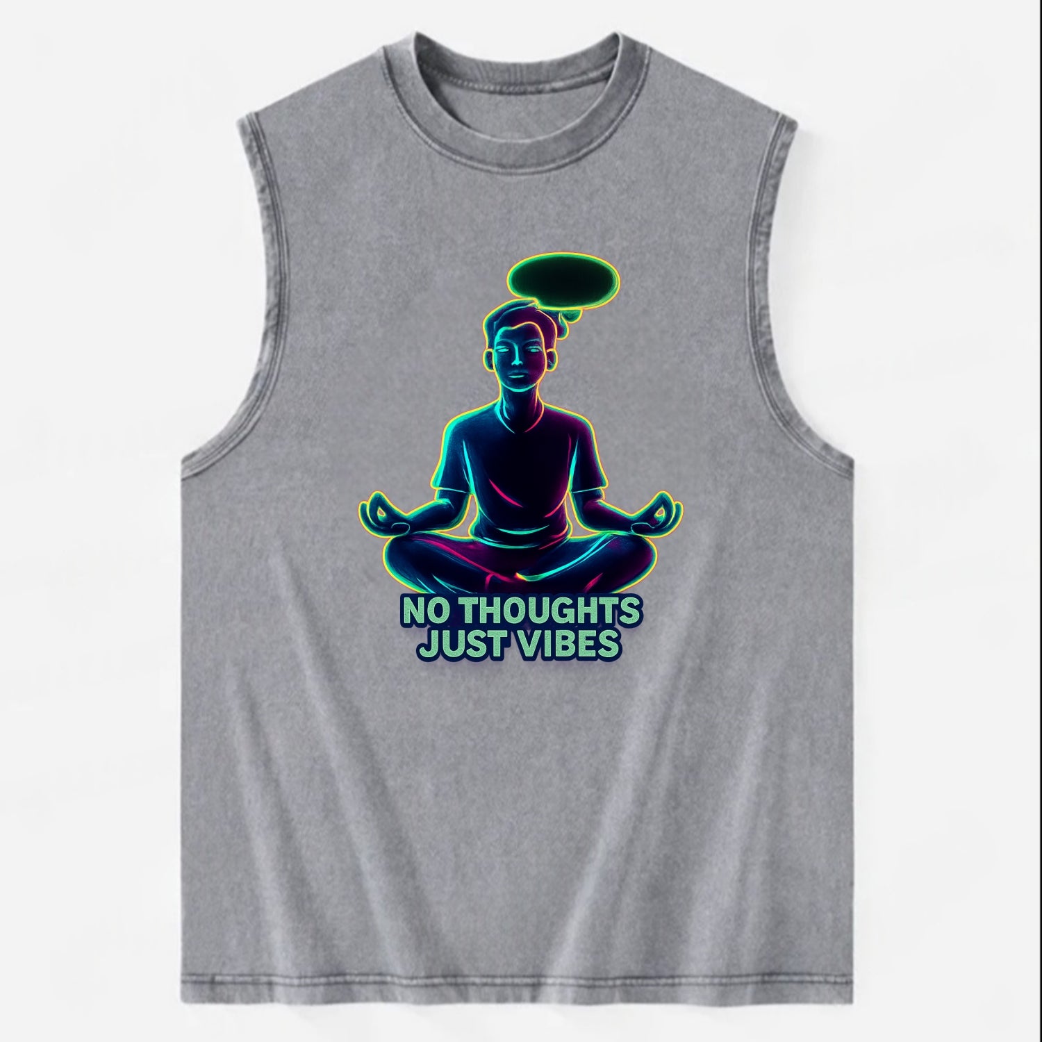 Peaceful floating figure with empty thought bubble - "no thoughts just vibes" - Vintage Washed Tank - Grey