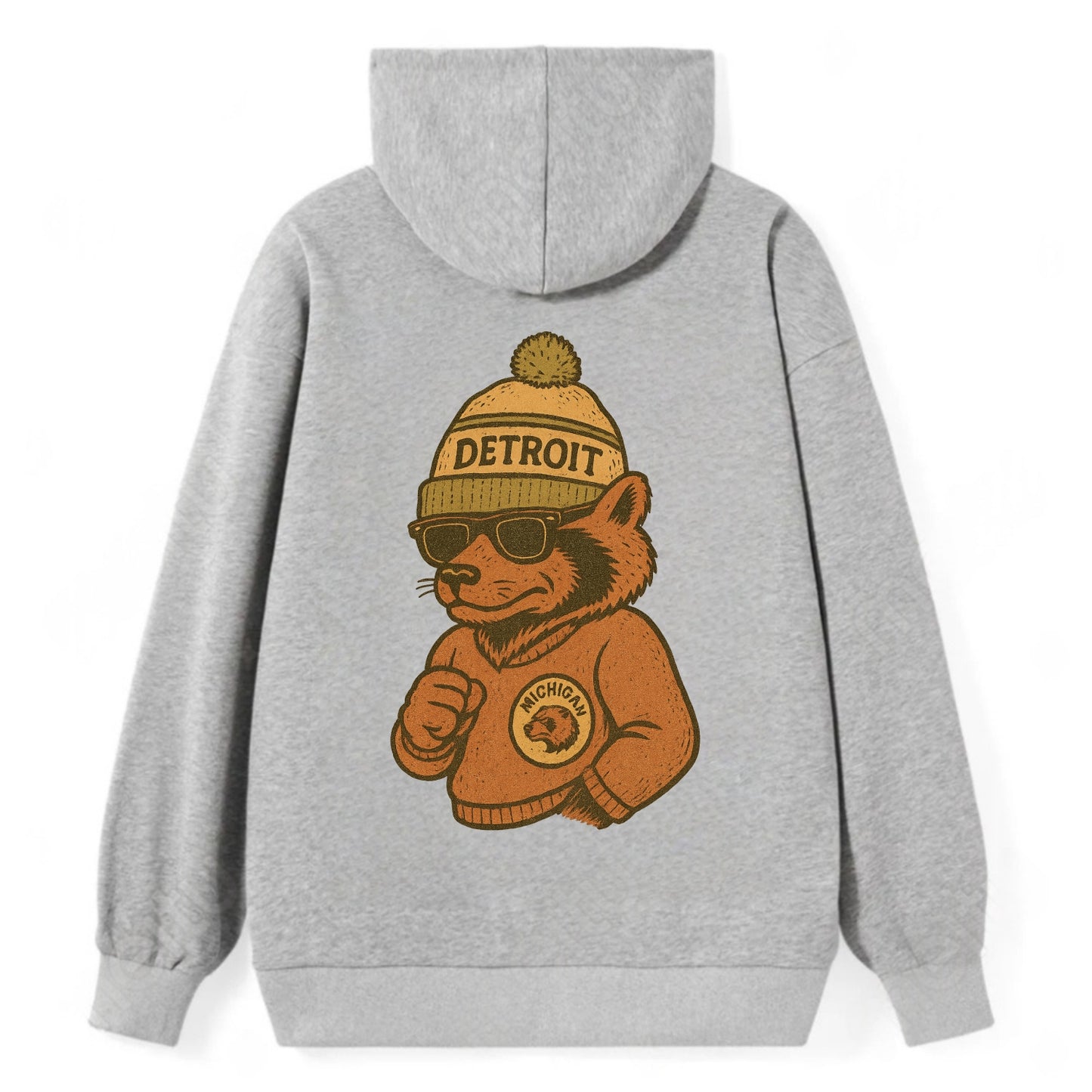 Michigan Wolverine wearing Detroit beanie with pom pom and wayfarer - Classic Pullover Hoodie - Grey