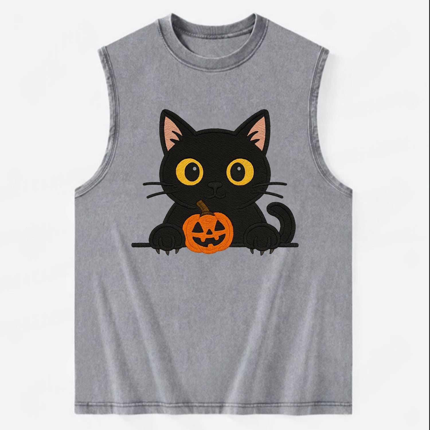 Midnight the black cat wearing round spectacles while studying the viewer. - Vintage Washed Tank - Grey