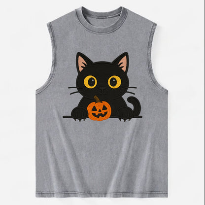 Midnight the black cat wearing round spectacles while studying the viewer. - Vintage Washed Tank - Grey