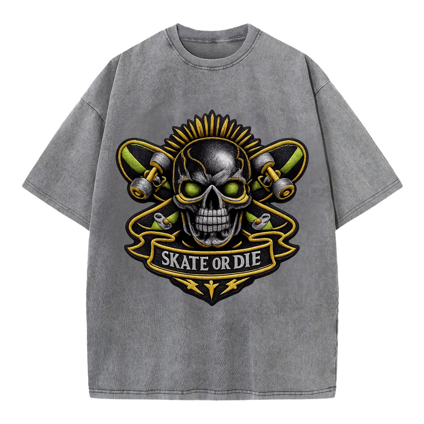 Embroidered patch design - SKATEBOARD SKULL - skull with skateboard in black and - Vintage T-shirt - Grey
