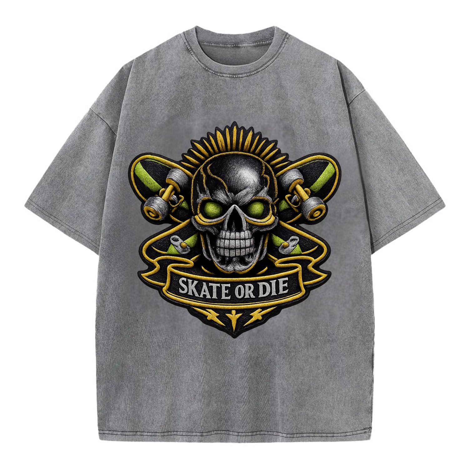 Embroidered patch design - SKATEBOARD SKULL - skull with skateboard in black and - Vintage T-shirt - Grey