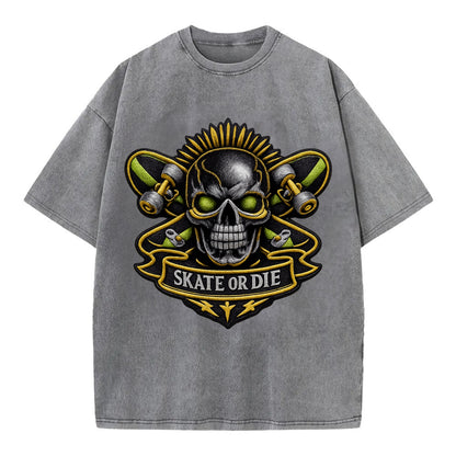 Embroidered patch design - SKATEBOARD SKULL - skull with skateboard in black and - Vintage T-shirt - Grey