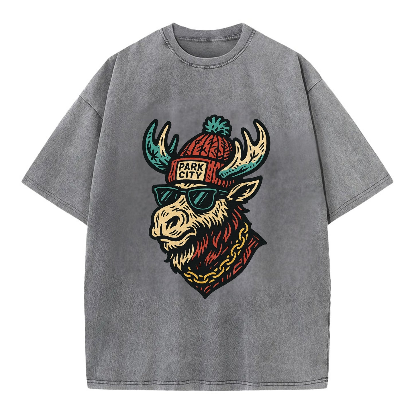 Park City Moose wearing Park City beanie with pom pom and wayfarer sunglasses - Vintage T-shirt - Grey