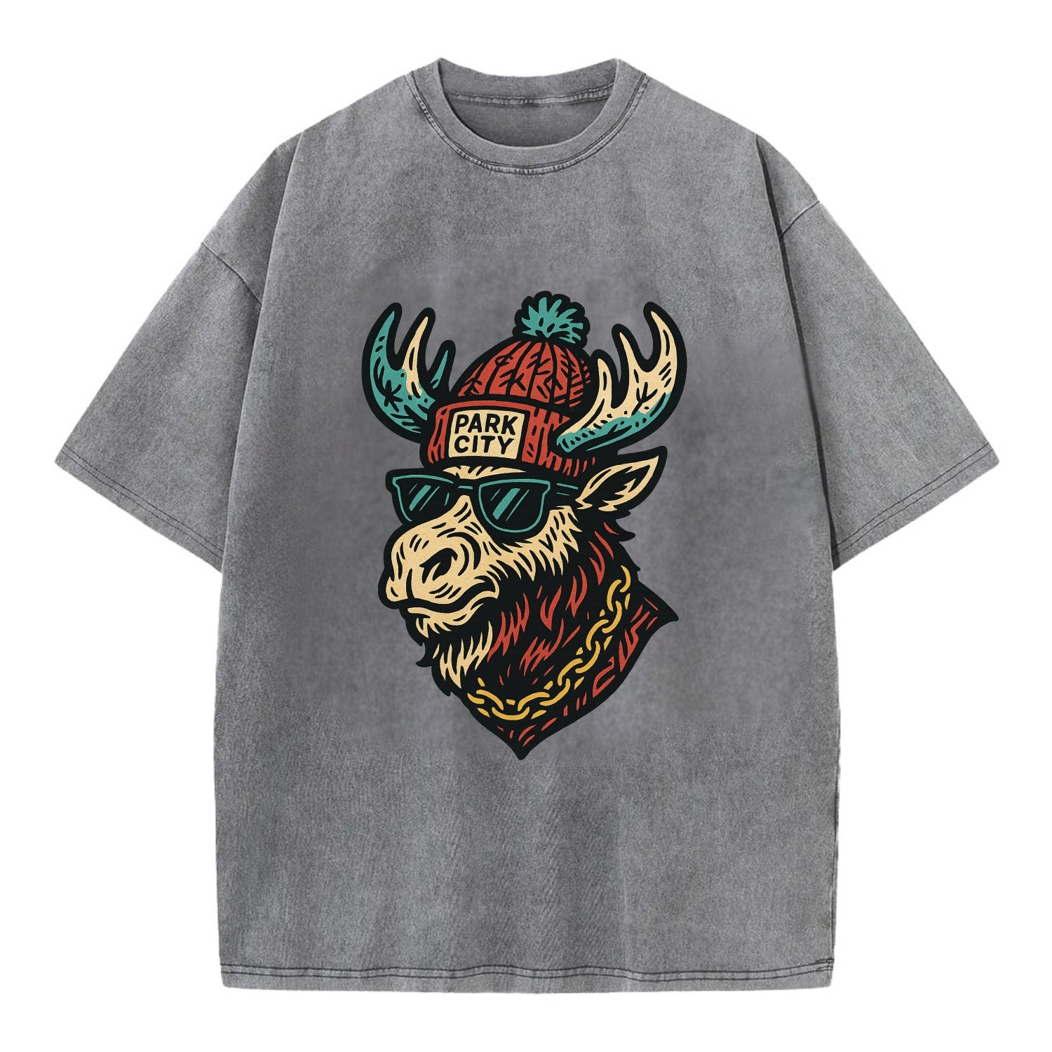 Park City Moose wearing Park City beanie with pom pom and wayfarer sunglasses - Vintage T-shirt - Grey