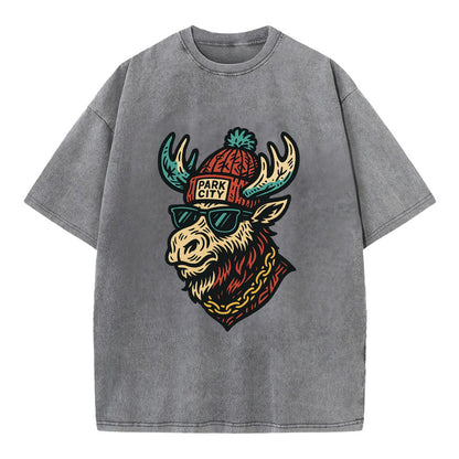 Park City Moose wearing Park City beanie with pom pom and wayfarer sunglasses - Vintage T-shirt - Grey