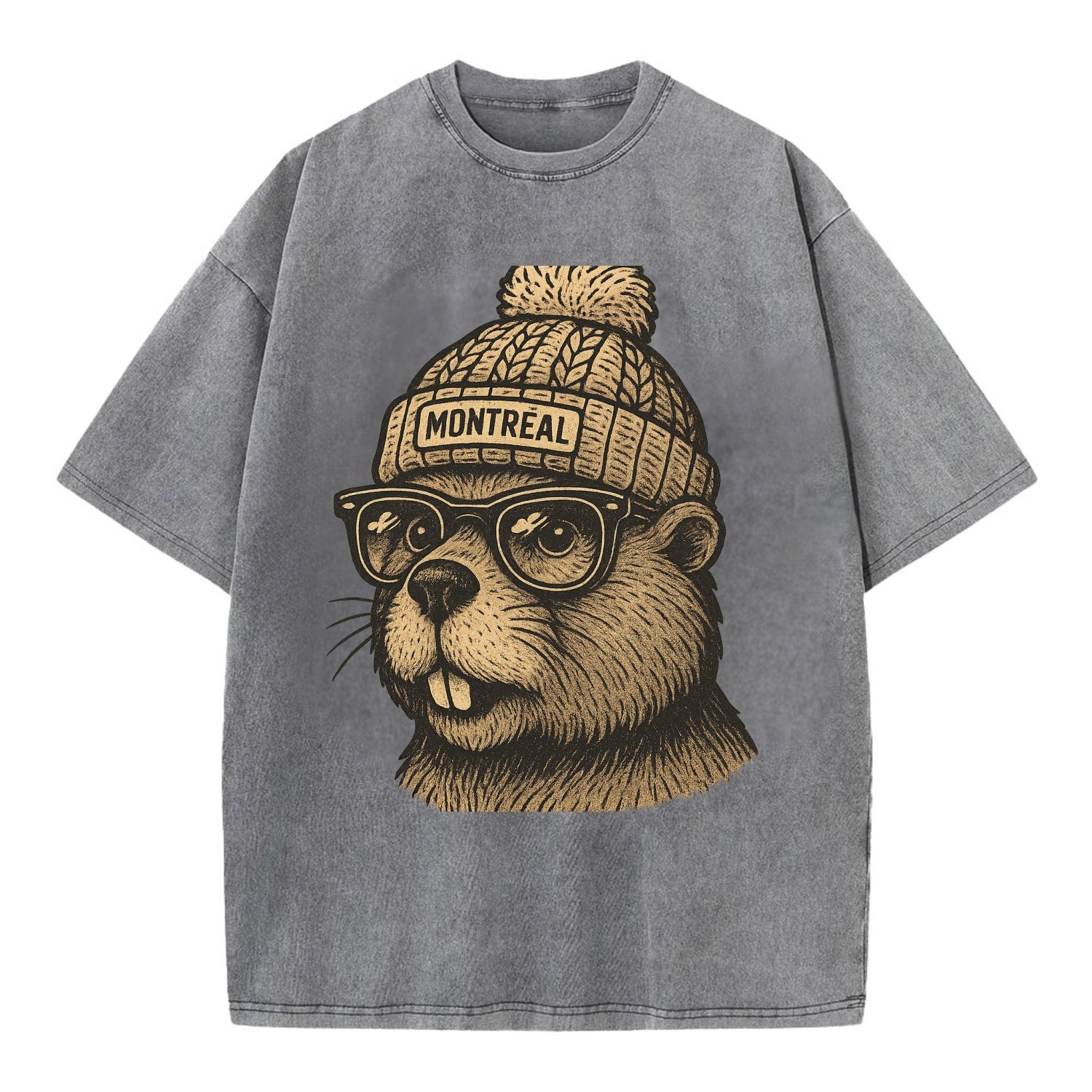 Montreal Beaver wearing Montreal beanie with pom pom and wayfarer sunglasses - Vintage T-shirt - Grey