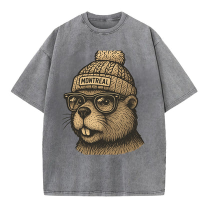 Montreal Beaver wearing Montreal beanie with pom pom and wayfarer sunglasses - Vintage T-shirt - Grey
