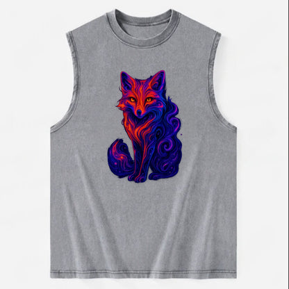 Clever fox with tail dissolving into cosmic nebula swirls, orange to purple - Vintage Washed Tank - Grey