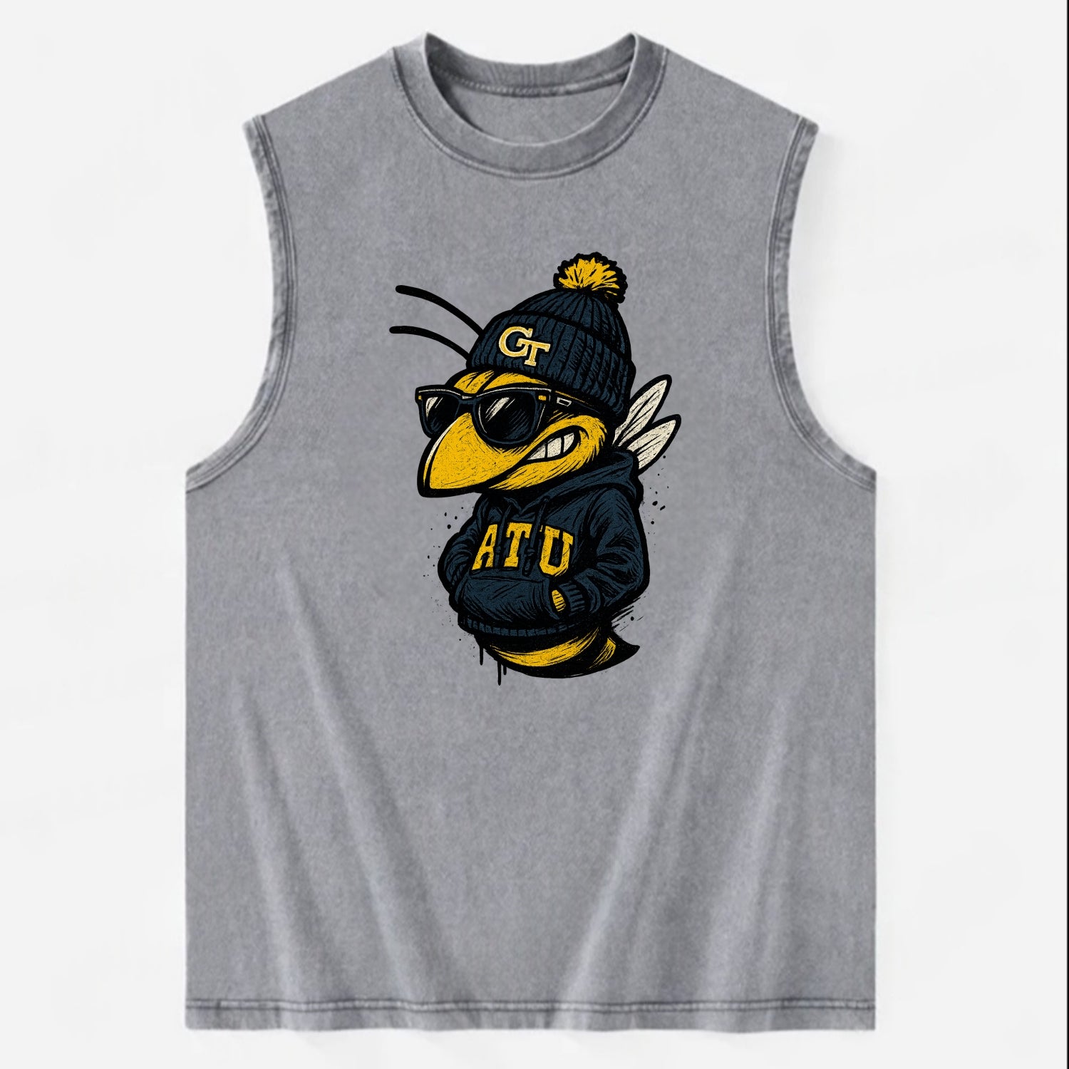 Atlanta Yellow Jacket wearing Georgia Tech beanie with GT patch - Vintage Washed Tank - Grey