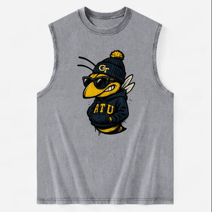 Atlanta Yellow Jacket wearing Georgia Tech beanie with GT patch - Vintage Washed Tank - Grey