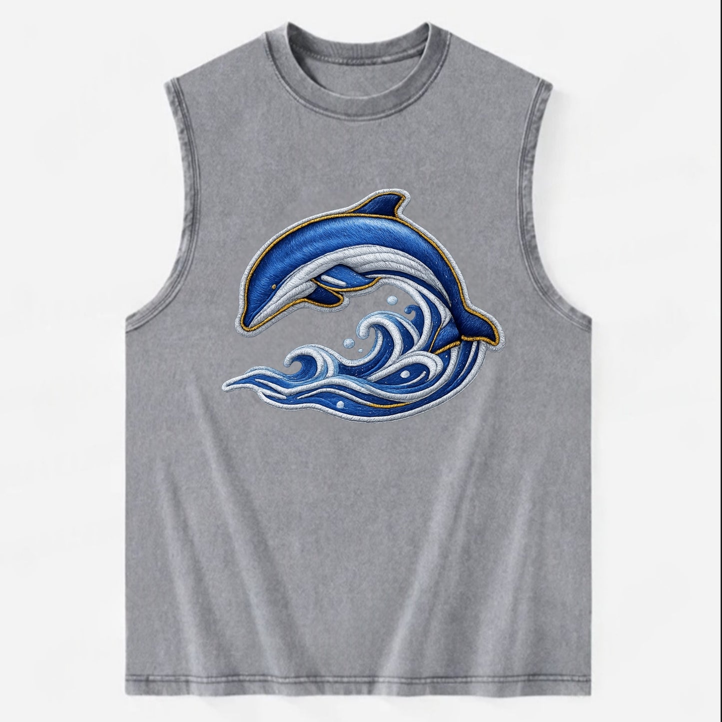 Embroidered patch design - SWIMMING DOLPHIN - diving dolphin with waves in - Vintage Washed Tank - Grey